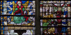 Saint-Nizier sur un trône - Un ange donne une bourse à une femme (scène liée à l'iconographie mariale)